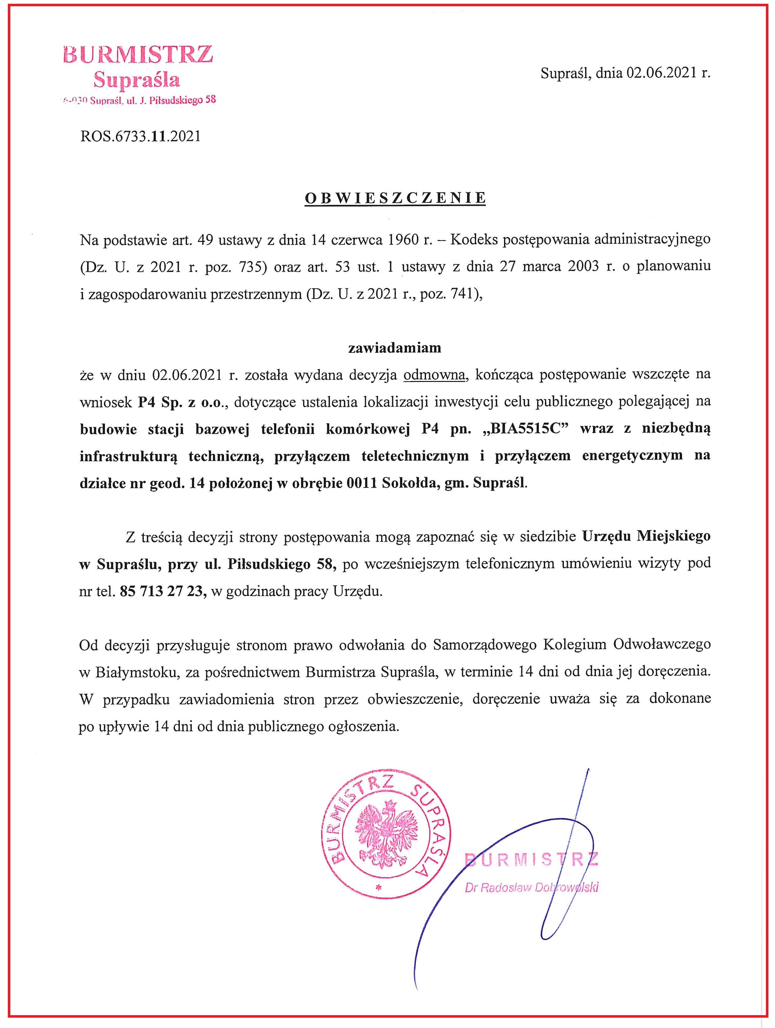 02.06.2021 decyzja odmowna ws stacji bazowej p4