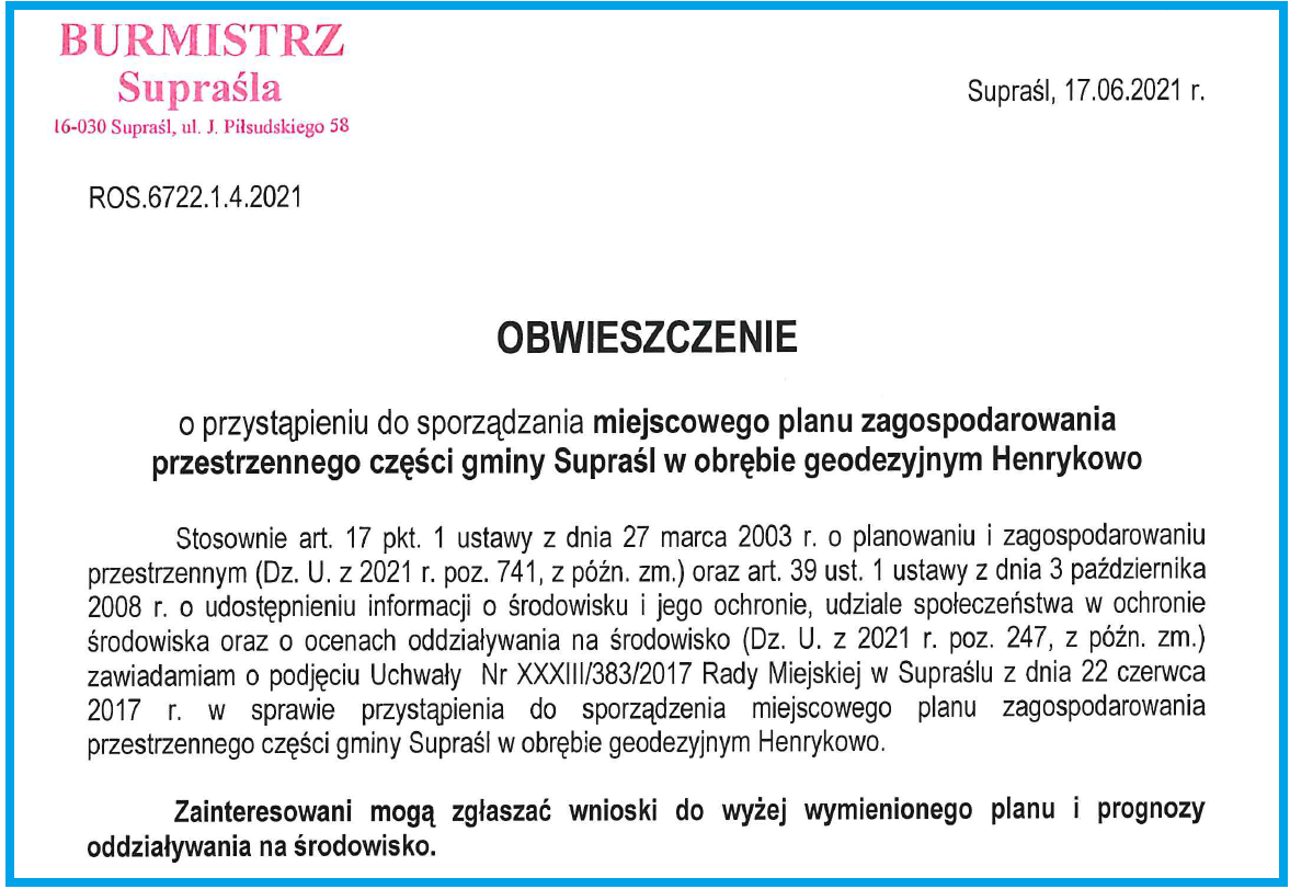 17.06.2021 plan zagospodarowania henrykowo