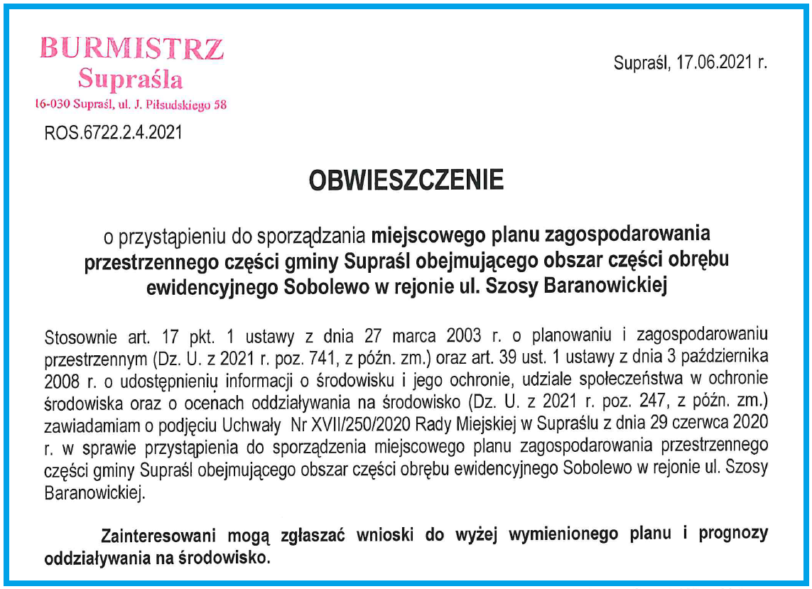 17.06.2021 plan zagospodarowania sobolewo