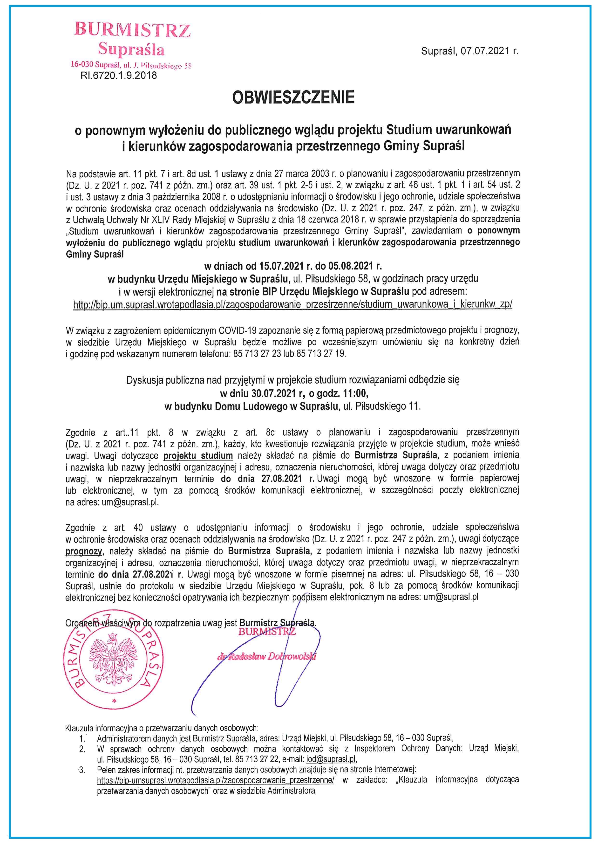 Obwieszczenie Burmistrza Supraśla z 7lipca 2021 00