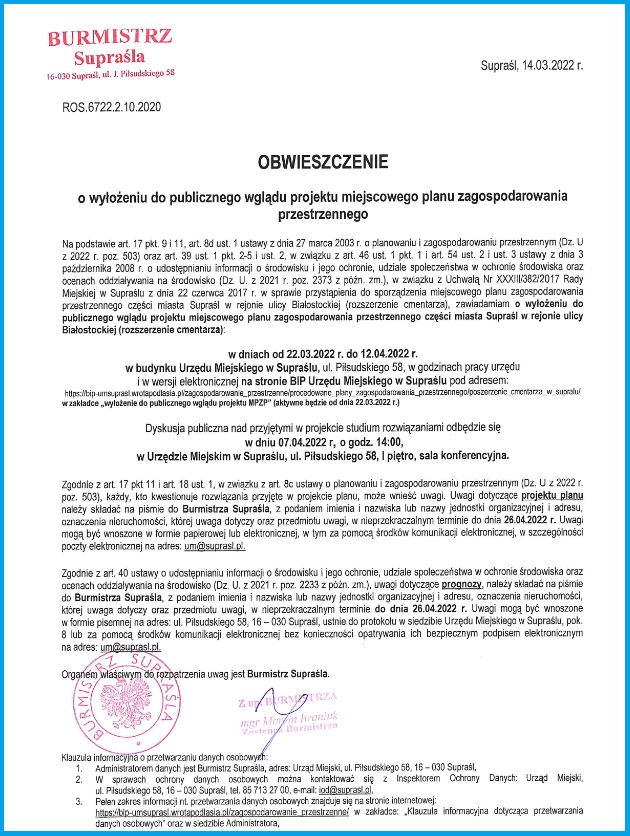Obwieszczenie o wyłożeniu do wglądu projektu planu zagospodarowania