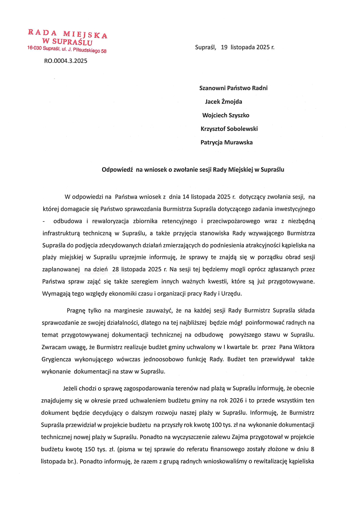 Odpowiedź na wniosek o zwołanie sesji page 0001