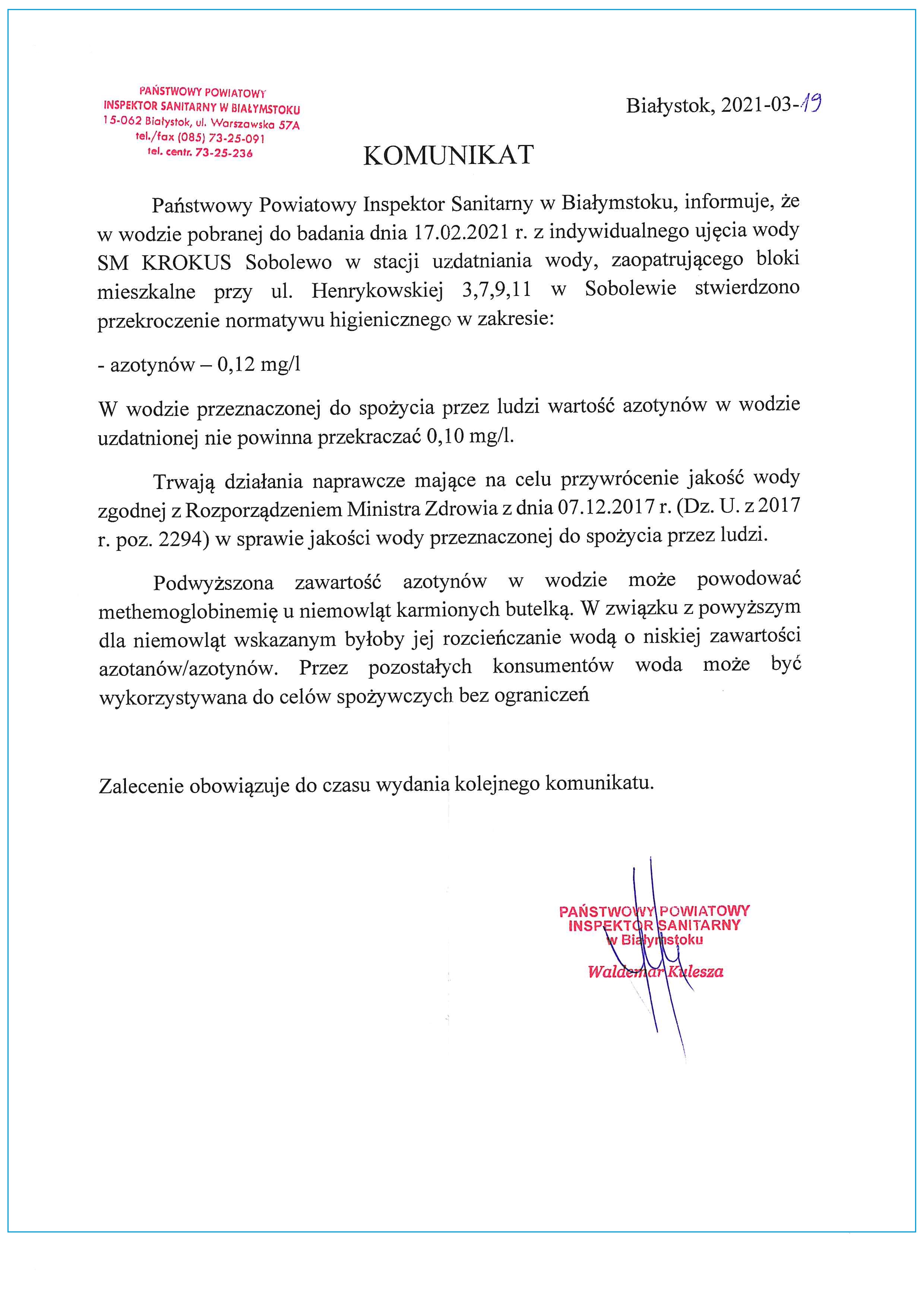 azotyny w wodzie sobolewo