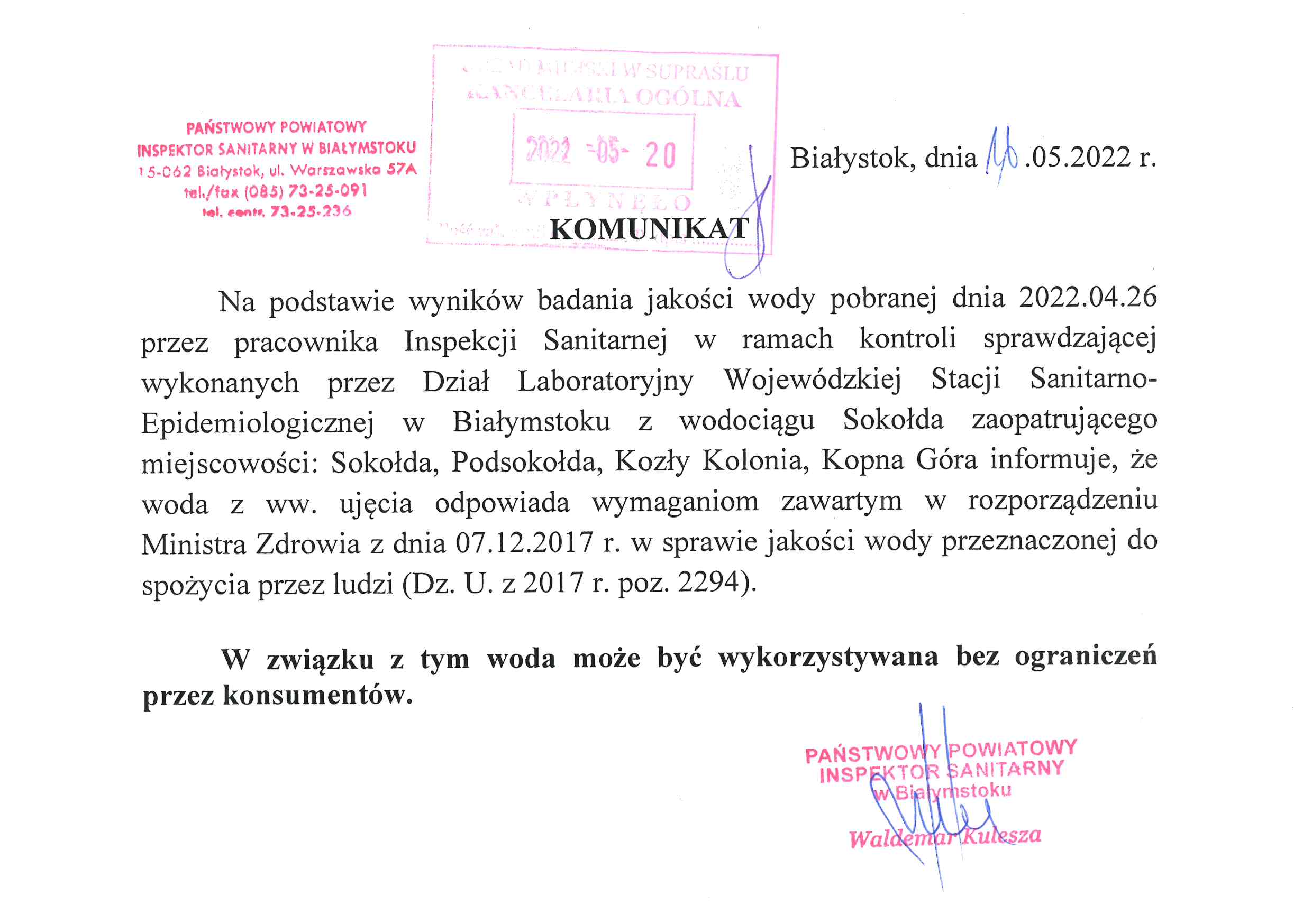 komunikat jakosc wody sokolda