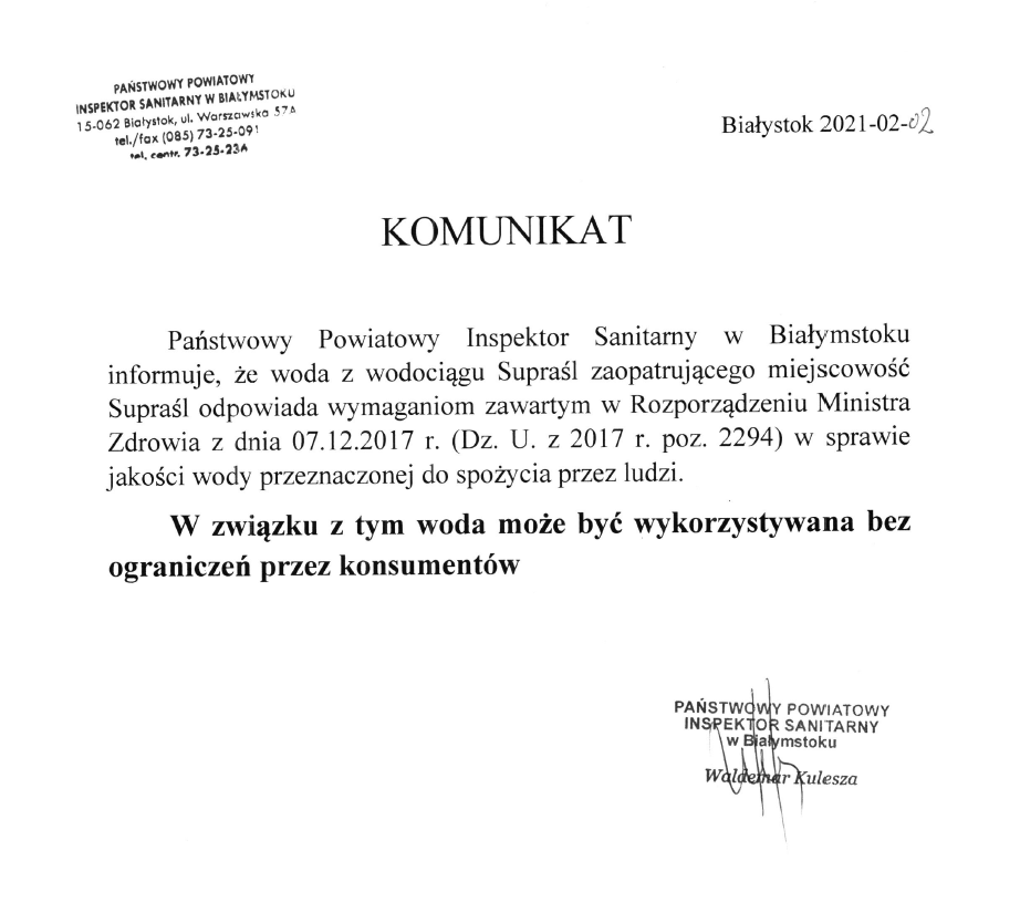 komunikat woda supraśl