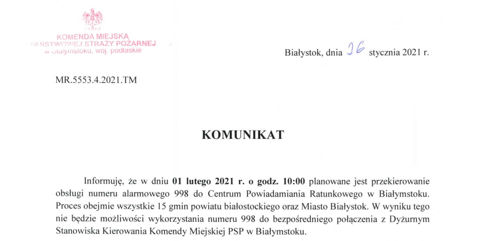 Numery alarmowe 998