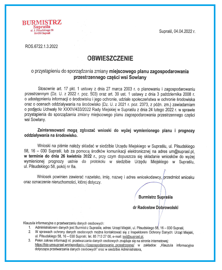 obwieszczenie burmistrza suprasla o zmianie planu zagosp