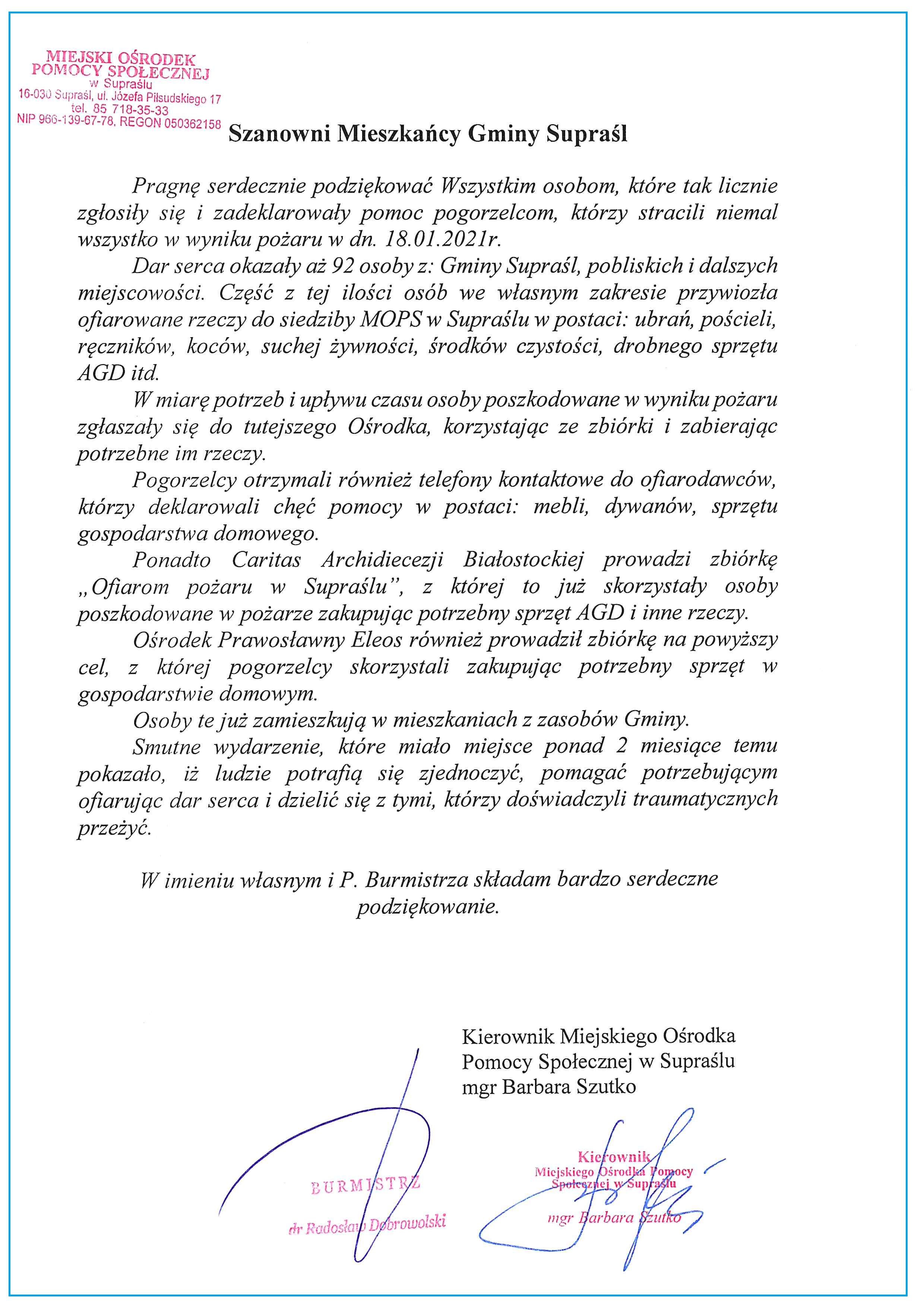 podziekowanie za pomoc pogorzelcom